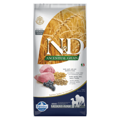 N&D Ancestral Grain Lamb & Blueberry Adult Medium & Maxi Kibble Size Dry Dog Food 12kg