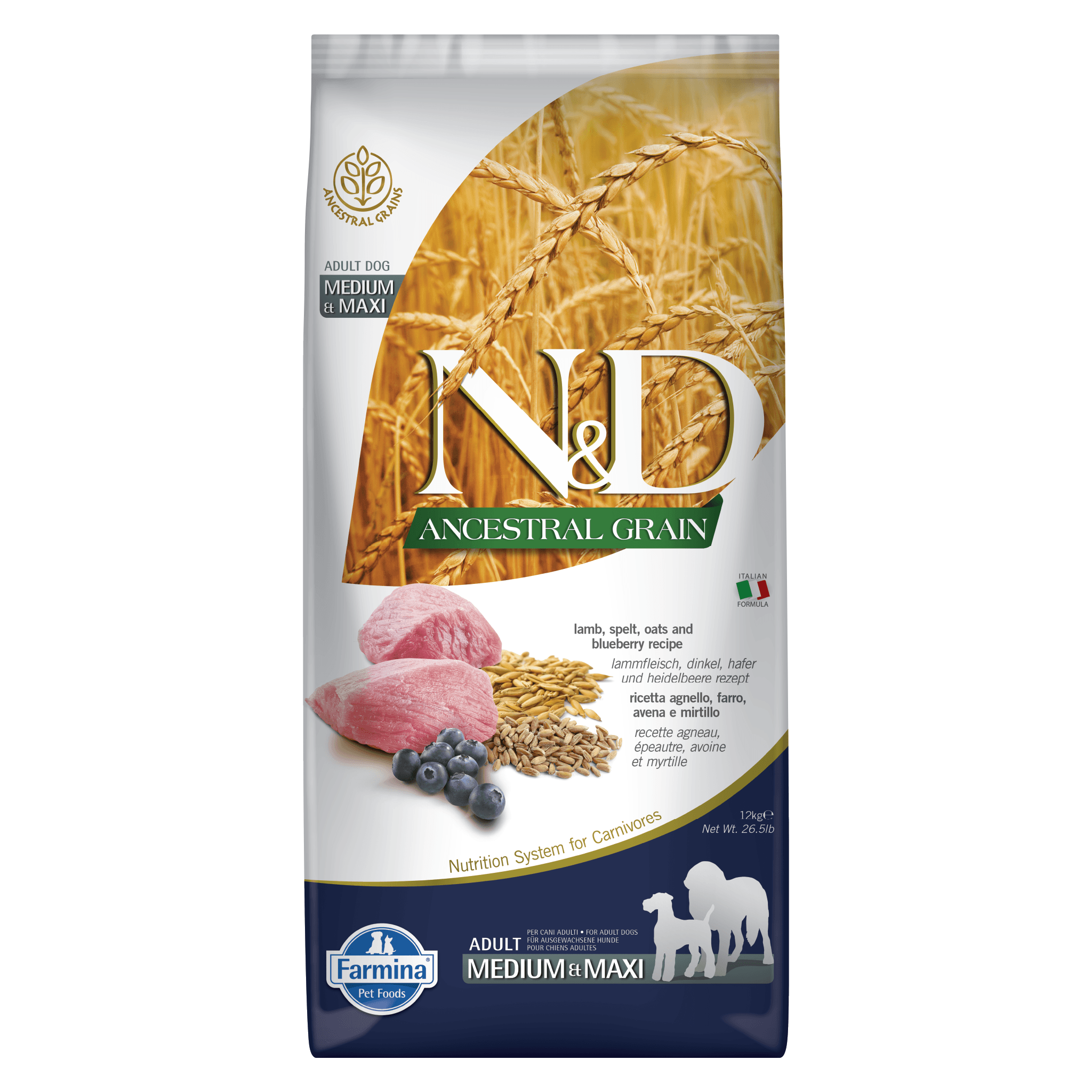 N&D Ancestral Grain Lamb & Blueberry Adult Medium & Maxi Kibble Size Dry Dog Food 12kg