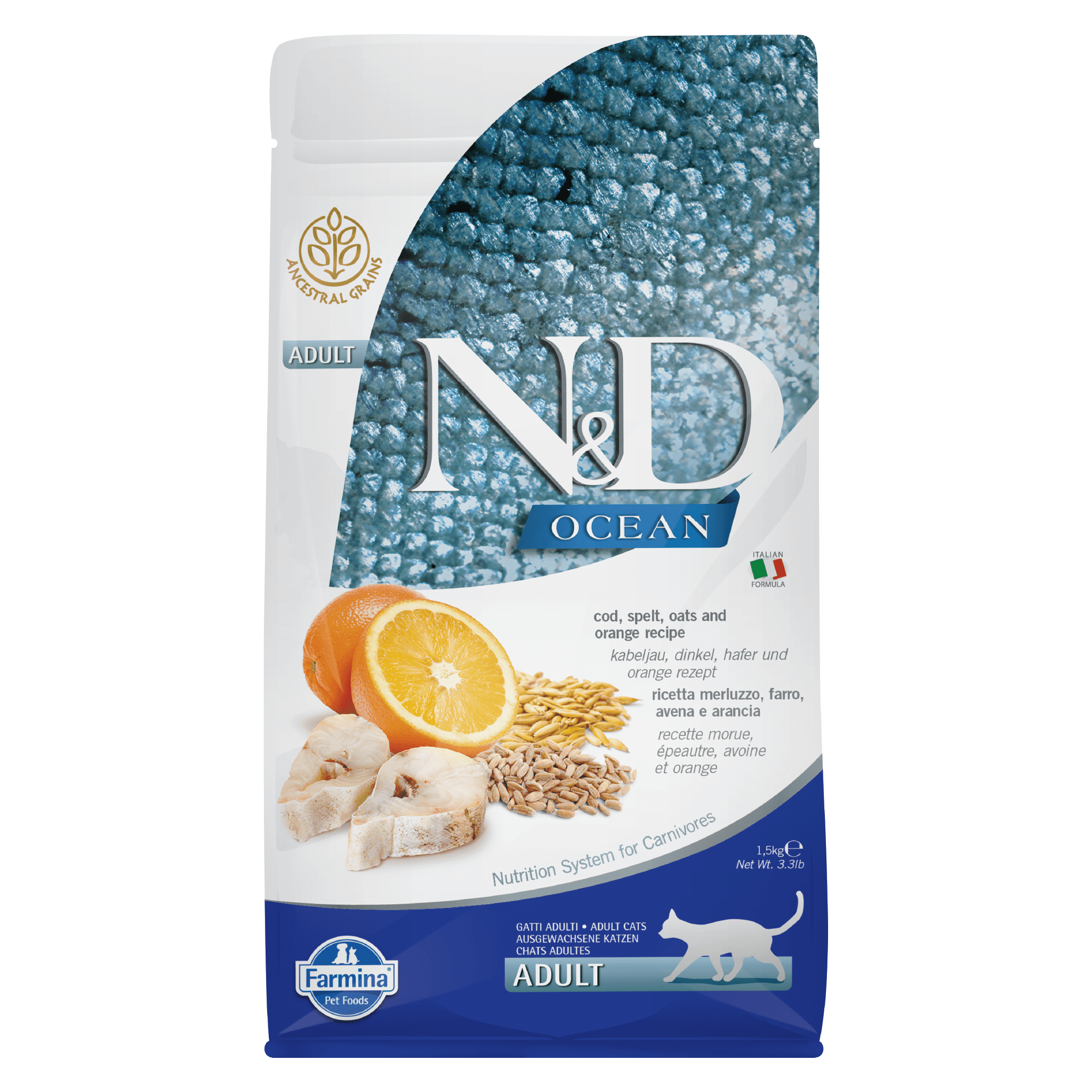 N&D Ocean Ancestral Grain Cod, Spelt, Oats & Orange Adult Cat