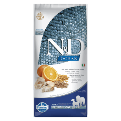 N&D Ocean Cod, Spelt, Oats & Orange Adult Medium & Maxi Kibble Size Dry Dog Food 12kg
