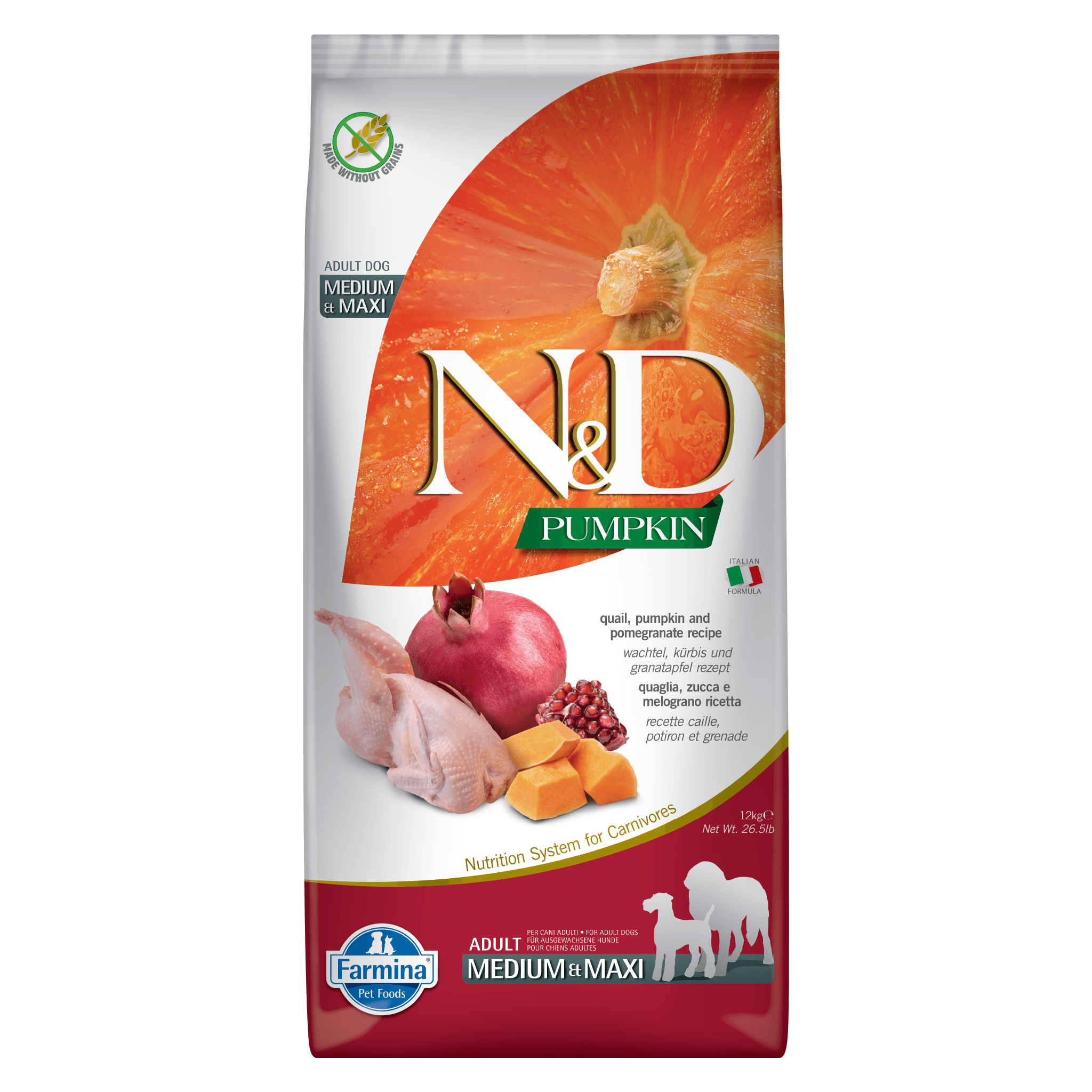 N&D Pumpkin Grain Free Chicken & Pomegranate ADULT Medium & Maxi Kibble Size Dry Dog Food 12kg