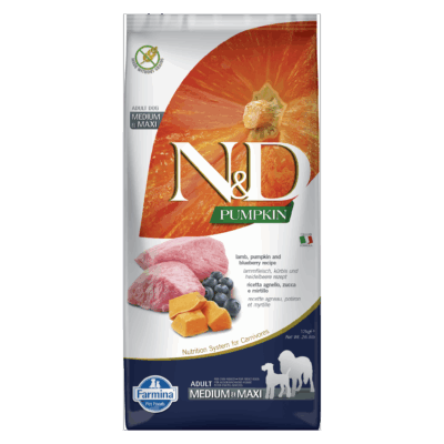 N&D Pumpkin Grain Free Lamb & Blueberry ADULT Medium & Maxi Kibble Size Dry Dog Food 12kg