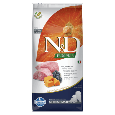 N&D Pumpkin Grain Free Lamb & Blueberry PUPPY Medium & Maxi Kibble Size Dry Dog Food 12kg