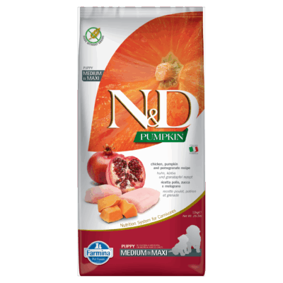 N&D Pumpkin Grain Free Chicken & Pomegranate PUPPY Medium & Maxi Kibble Size Dry Dog Food 12kg