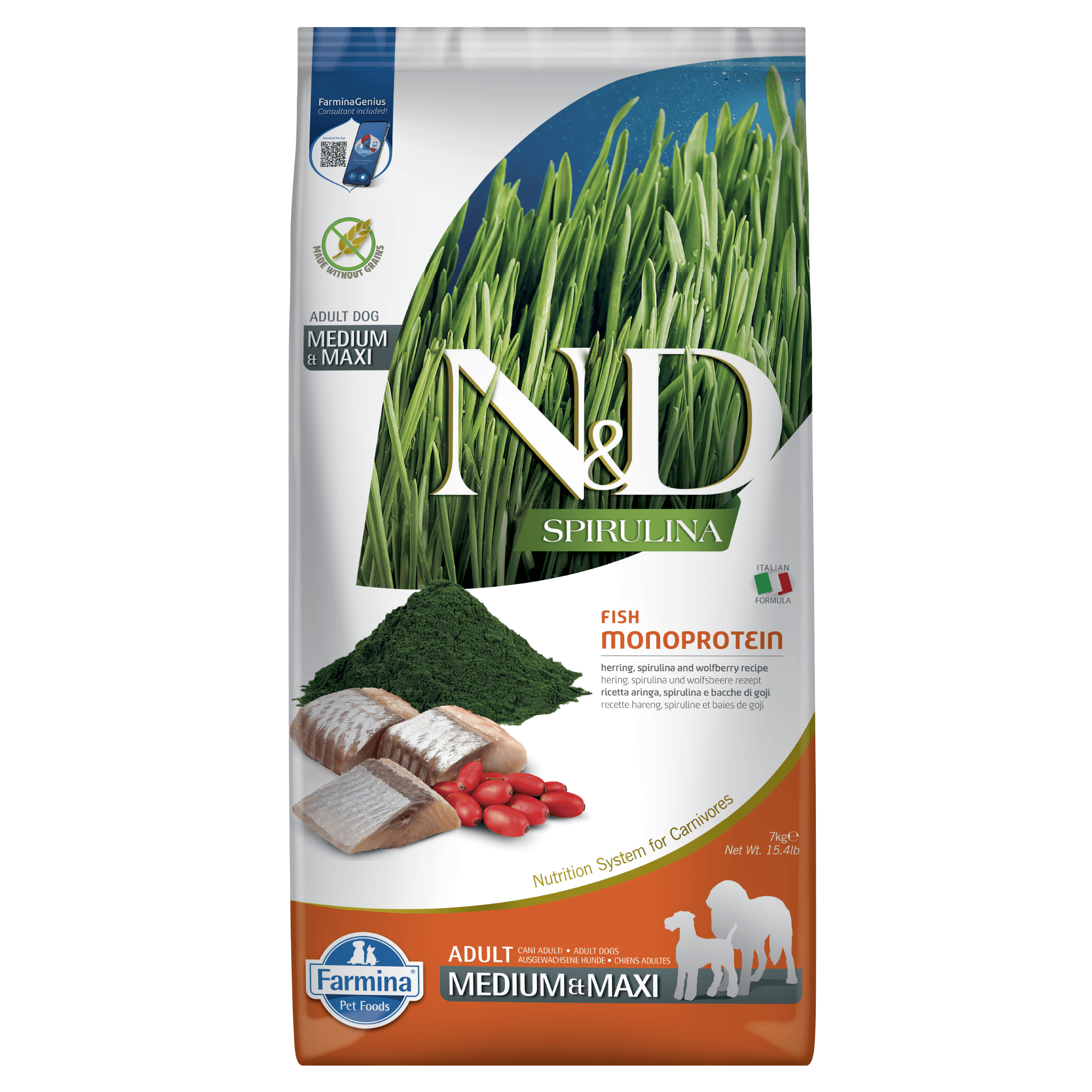 N&D Spirulina Herring, Spirulina AND Wolfberry Adult Dog Medium Maxi 7 KG