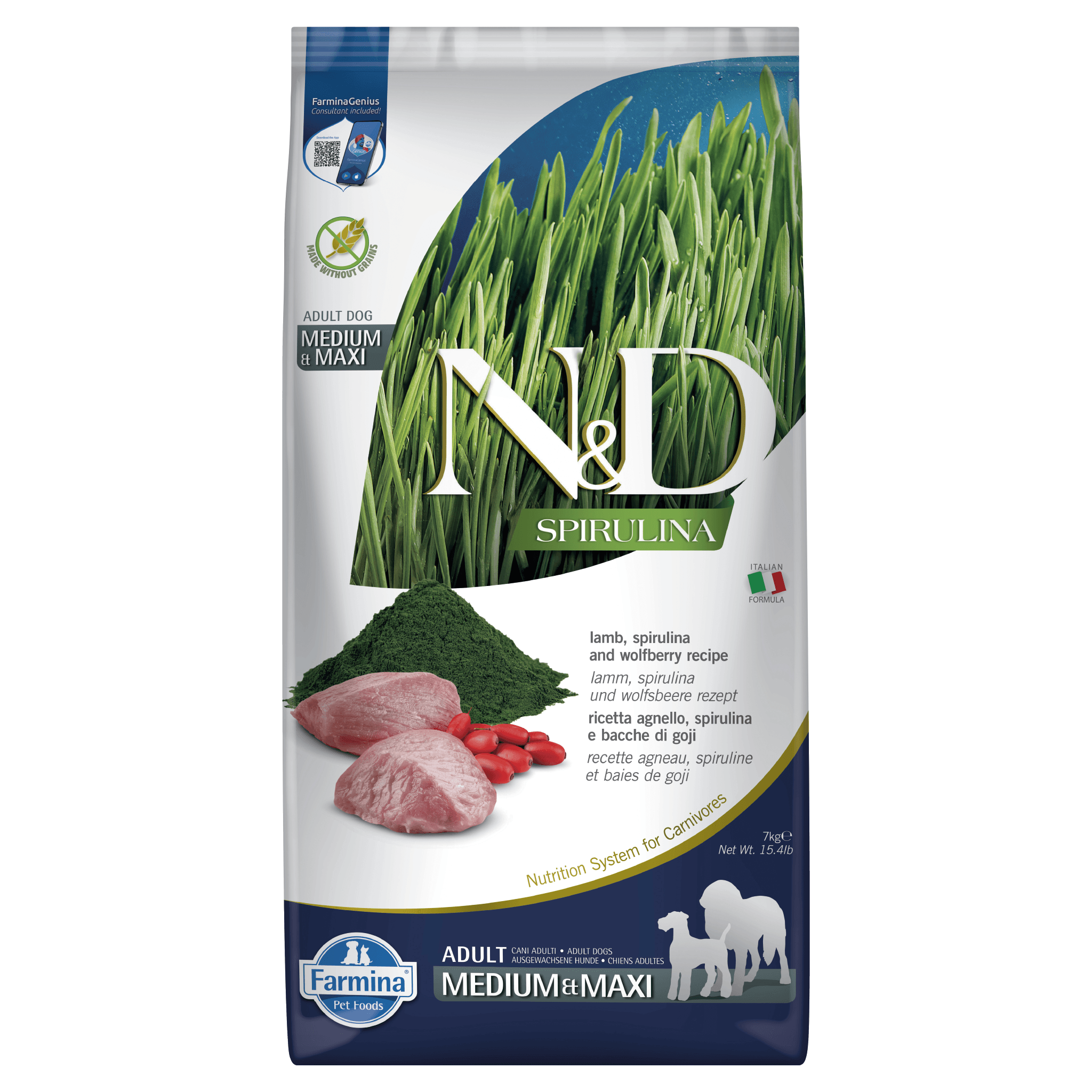 N&D Spirulina Lamb, Spirulina AND Wolfberry Adult Dog Medium Maxi 7 KG